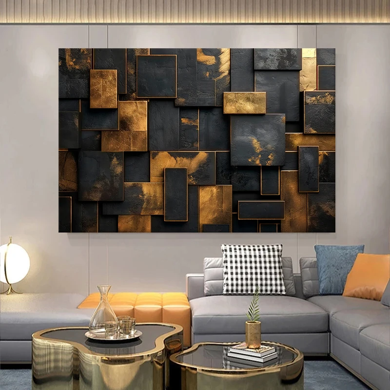 Luxury Abstract Geometric Canvas Wall Art Square Rectangle Decor Black and Gold Painting Print Interior Decor Cuadros - Image 4