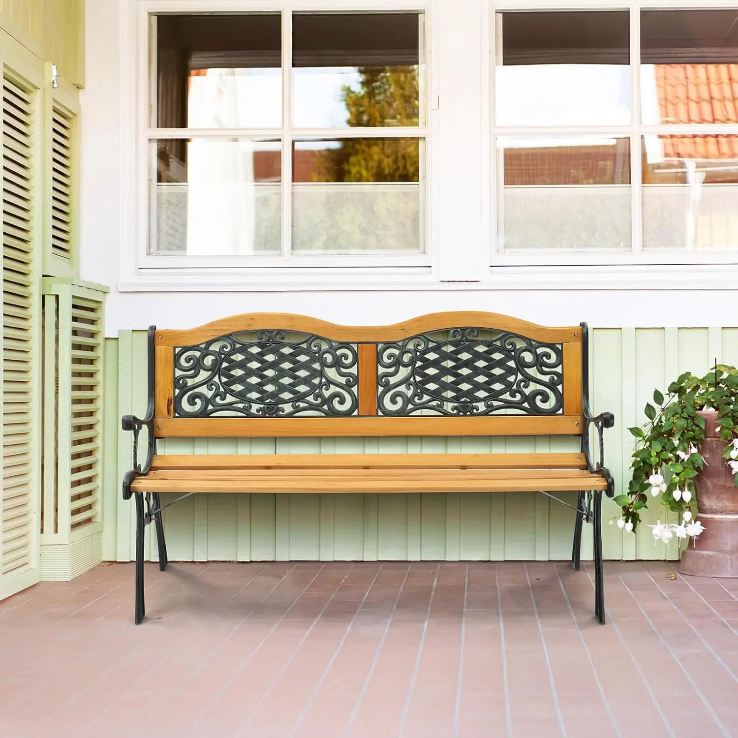 Outdoor Bench Metal Garden Bench Front Porch Bench, Wood Patio Bench w/PVC Backrest Cast Iron Love Seat Park Benches