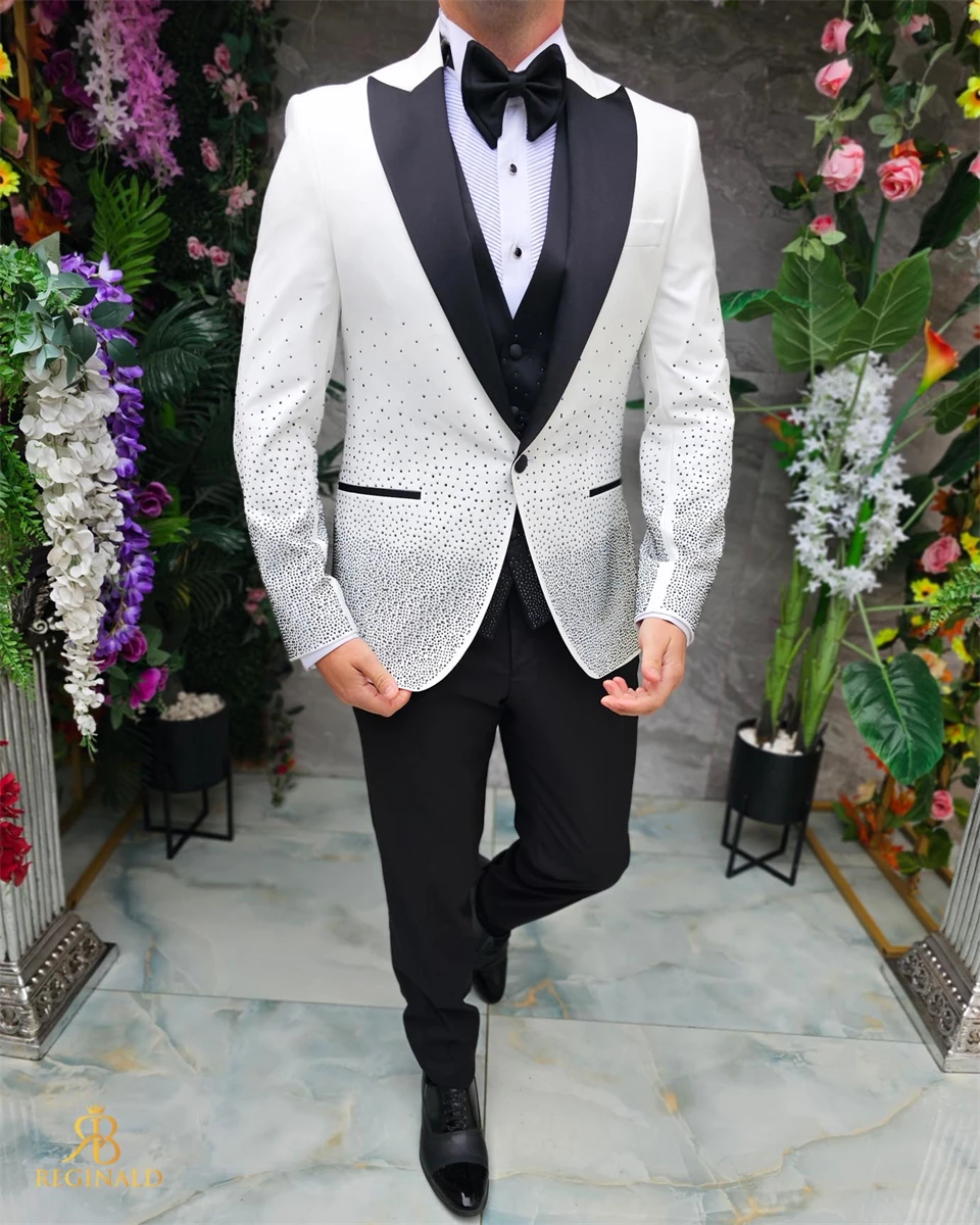 Luxury Beaded Men Suits for Gentleman Slim Fit Wedding Groom Tuxedo Italian Style Male Suit Jacket with Pants Vest