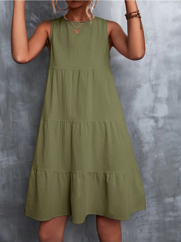 

Summer Dress Women Round Neck Loose Vintage Dresses Hem Patchwork Cake Dress Leisure Women Clothing Solid Dresses Streetwear