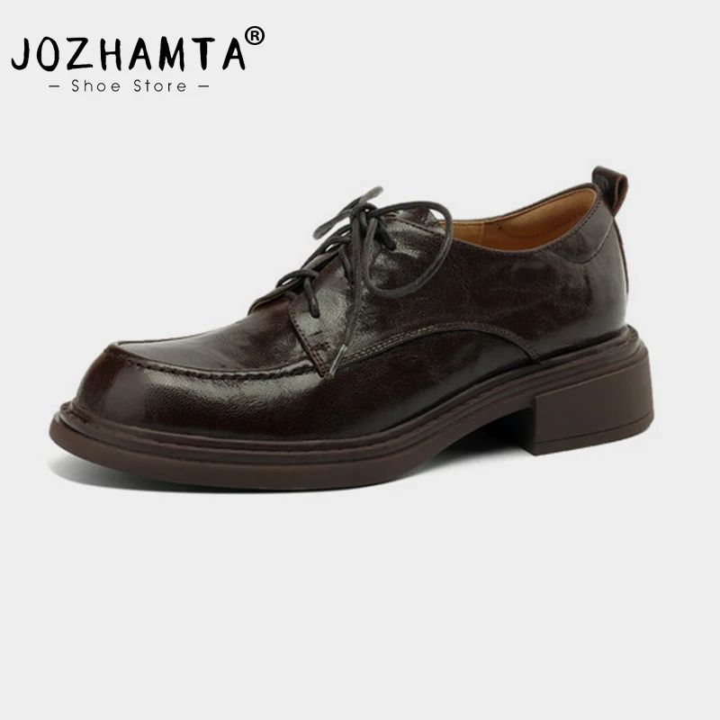 

JOZHAMTA Size 34-41 Real Leather Women Loafers Pumps Spring 2024 Fashion Platform Mid Chunky Heels Shoes Lace Up Office Lady
