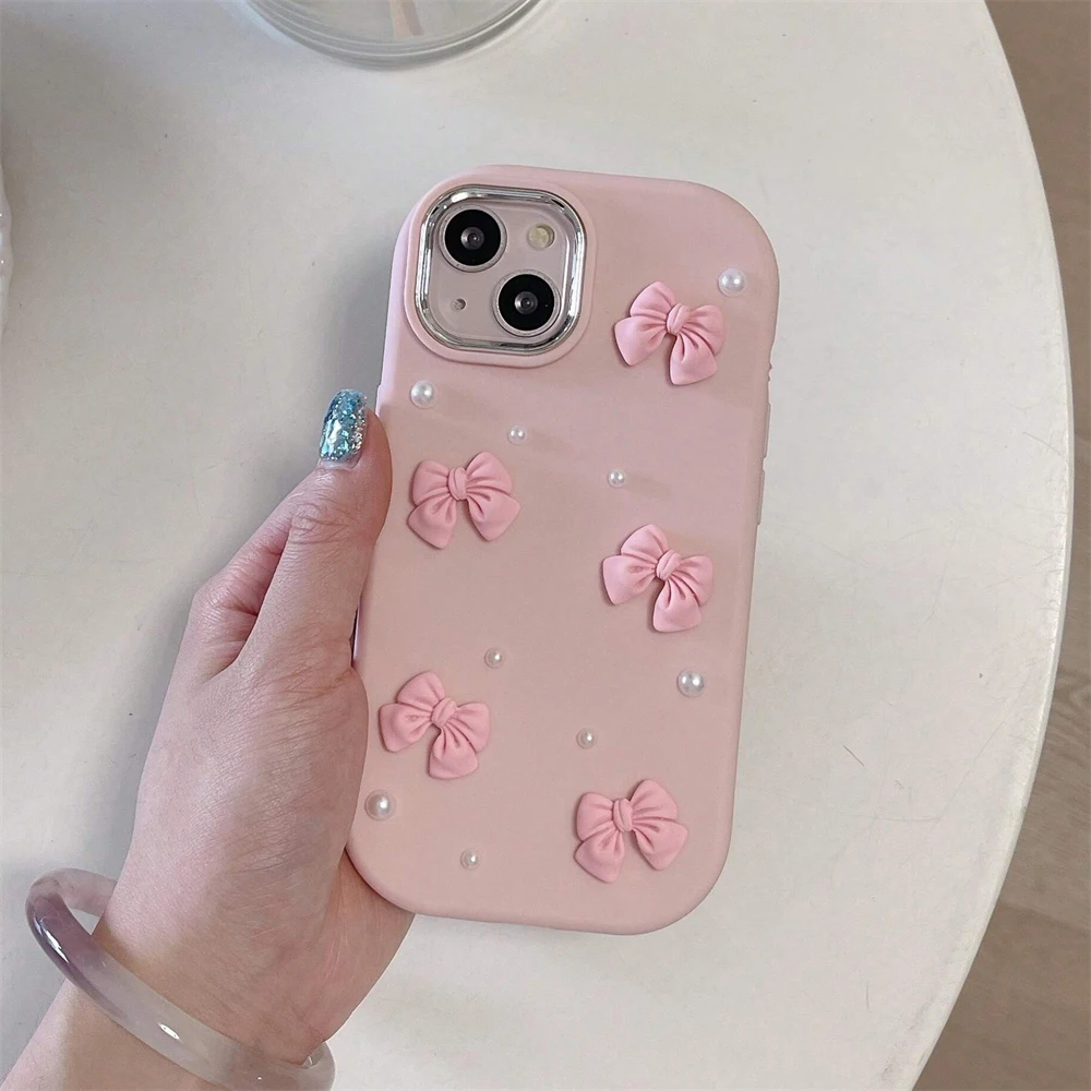 لطيف ثلاثية الأبعاد الوردي Bowknot اللؤلؤ قضية اله...