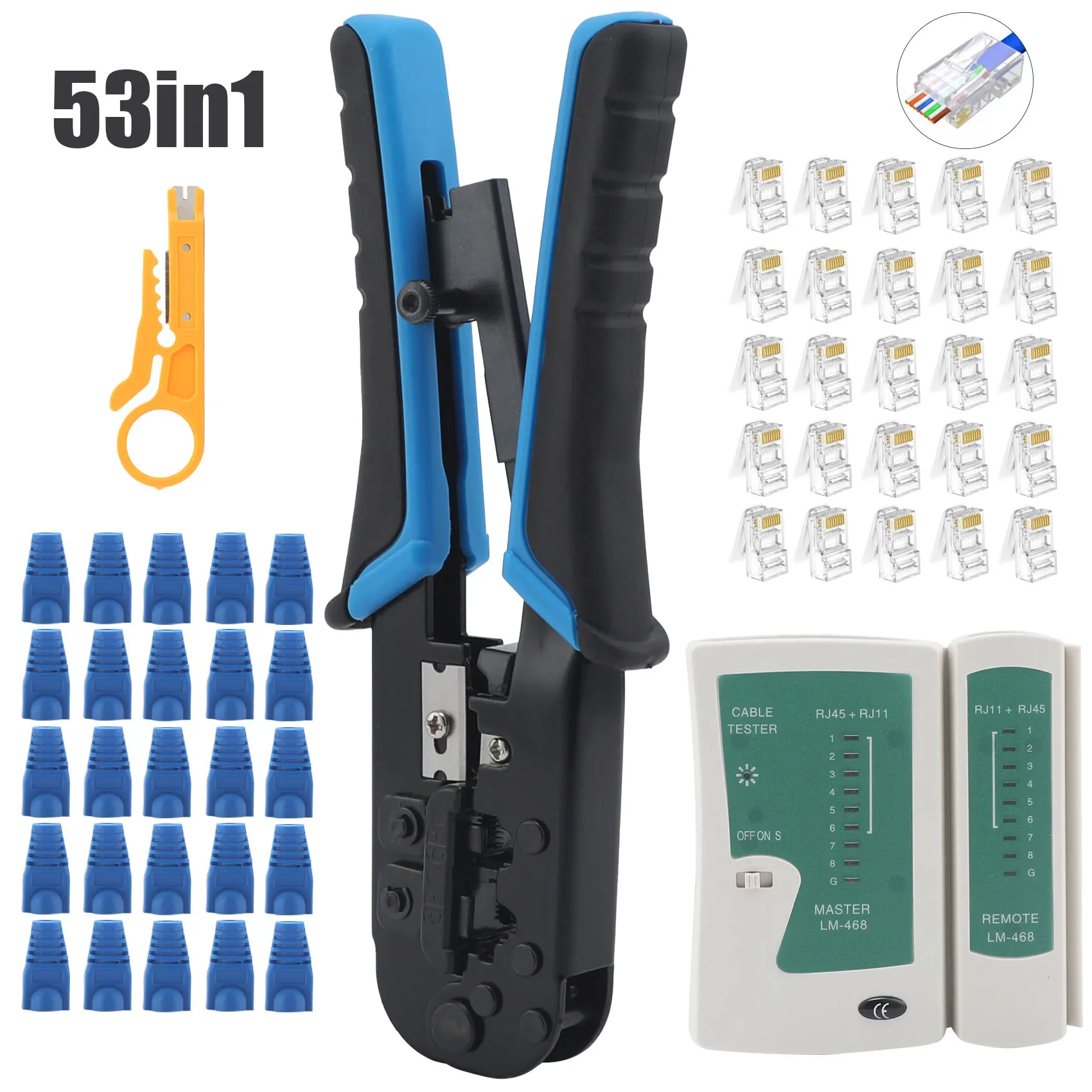 RJ45 Crimping Tool Kit Ethernet Crimp Set, RJ-11, 6P/RJ-12, 8P/RJ-45 Crimp, Cut and Strip with 20PCS CAT5 CAT5e Connectors