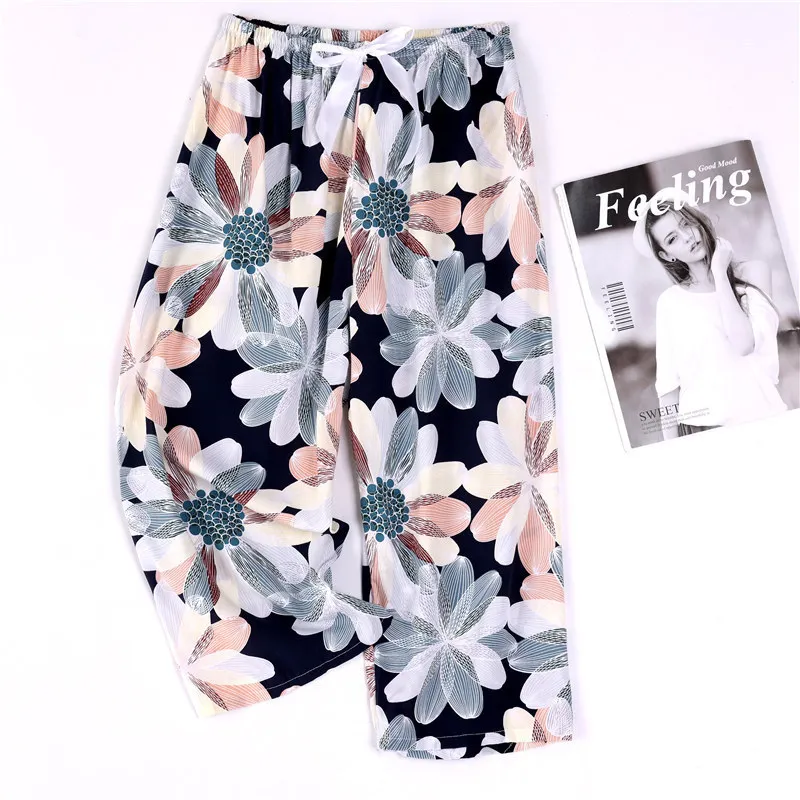 

Женские штаны для сна с цветочным принтом, штаны до икры на шнурке, пижама, Повседневная Свободная одежда для сна, шорты для дома, одежда