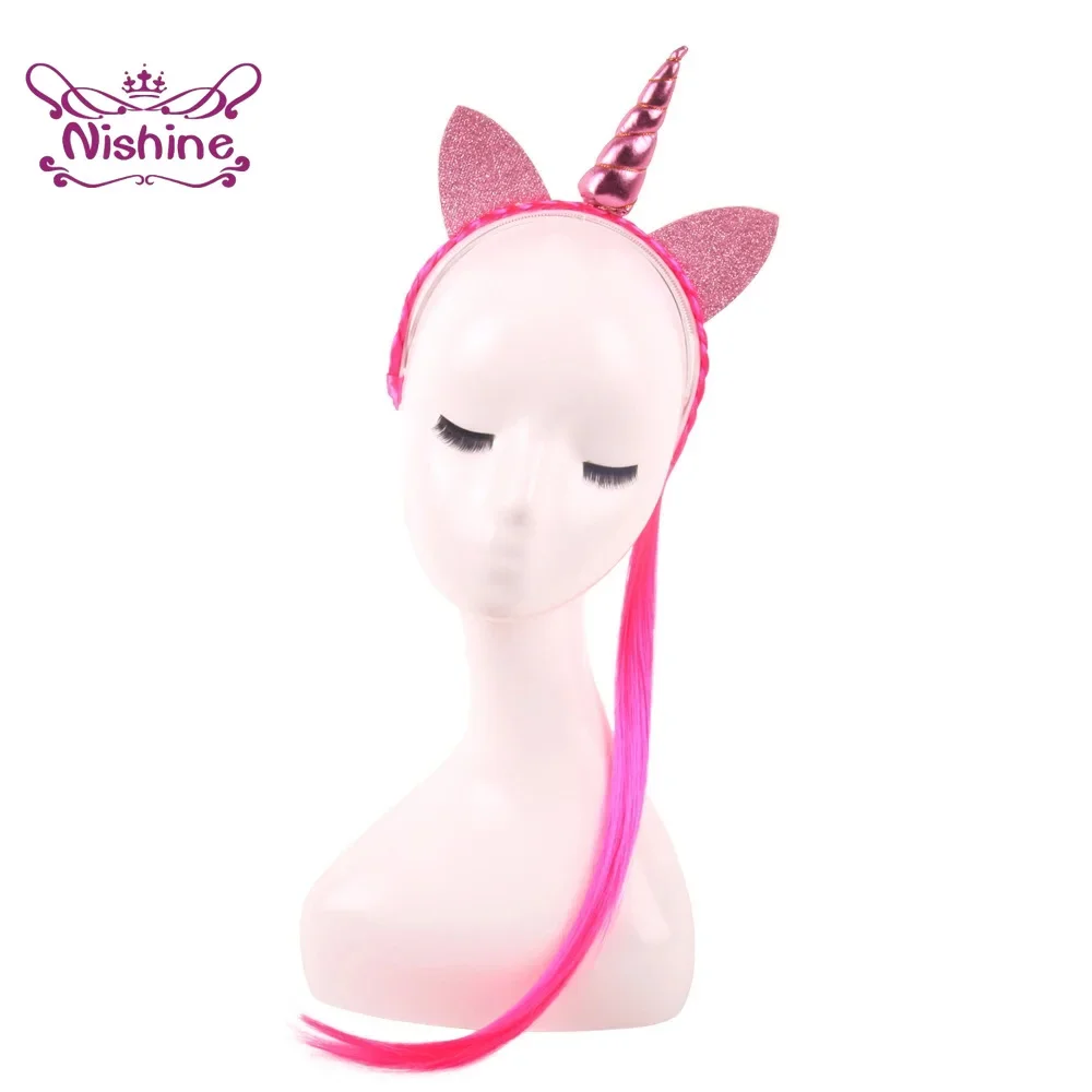 Rainbow Color Ponytail Unicorn Horn Headbands Glitter Ears Kids Girls Princess Braid Wig Hair Bands Headwear Accessories nylon hair tie