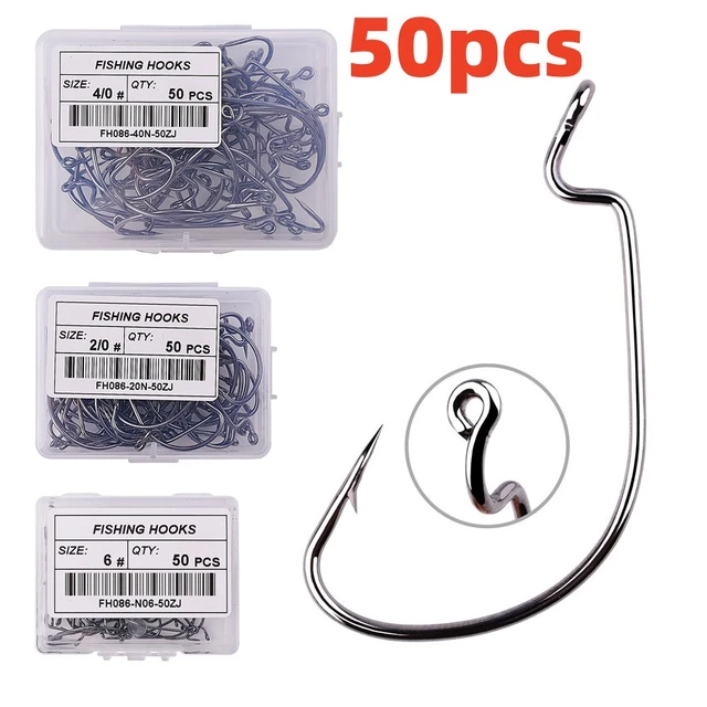 ALASICKA 50pcs 6#-5/0# 2Colors Wide Gap Worm Fishing Hooks Jig Crank Big  Bass