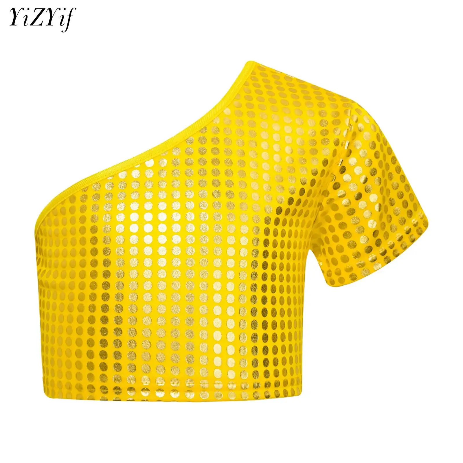 

Kids Girls One Shoulder Sequins Crop Tops Jazz Latin Dance Cheerleading Performance Costume Short Sleeve T-shirt Tops Dancewear