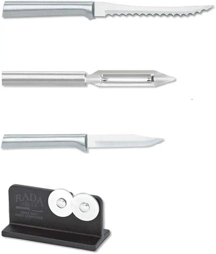 

Top Seller\u2019s Kit Knives \u2013 Includes Paring, Tomato Slicer, Vegetable Peeler with Brushed Aluminum Handles Plus Quick Ed