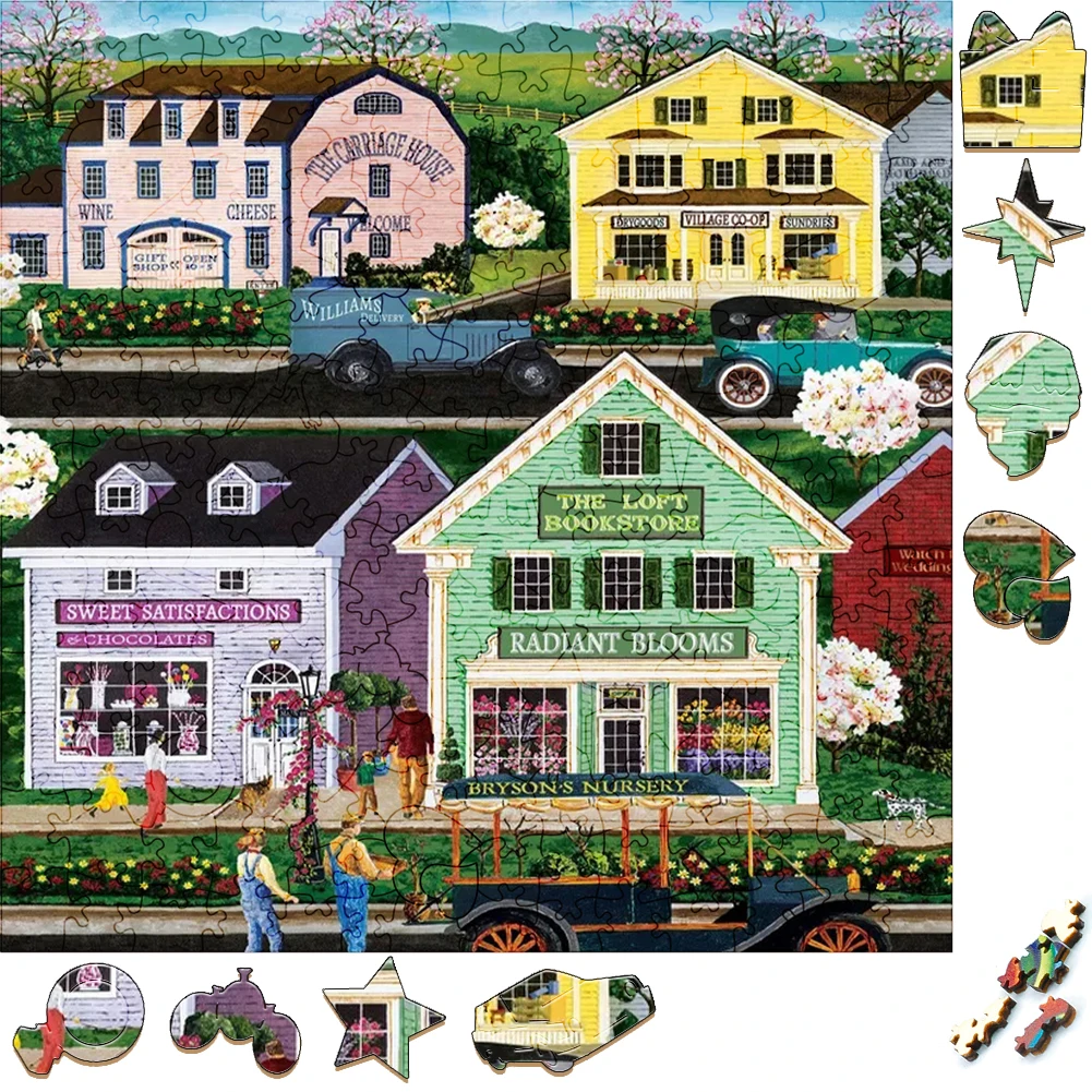 Unique Wooden Puzzles Town Colored Houses Wood Jigsaw Puzzle Craft Irregular Family Interactive Puzzle Gift for Kids Educational