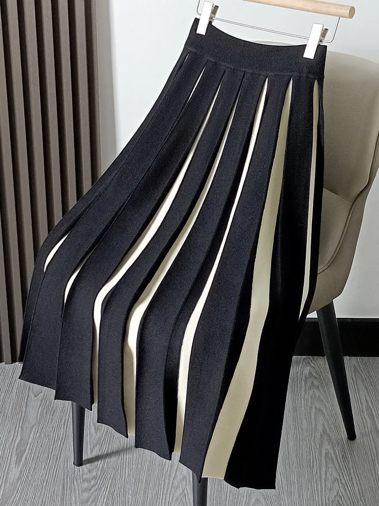 Women Knitted Pleated Skirt Fashion High Waist Elegant All-match Casual A-line Color Blocking Skirt Spring Autumn New
