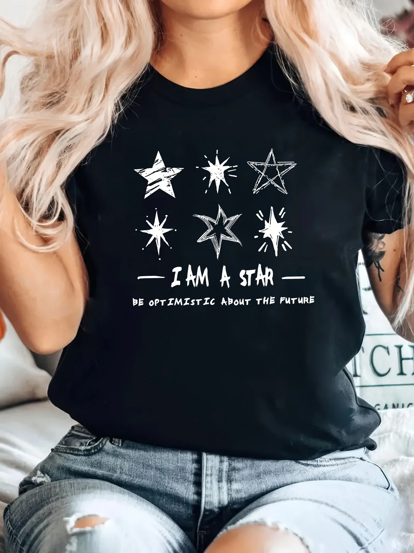 I AM A STAR Creative Pattern Printed Women Tshirt Round Neck Short Sleeve Summer Fashion Women Top Casual Wear Clothing