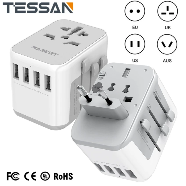 TESSAN Adaptador de viaje Universal - USB tipo C a EU AU UK USA GRIS