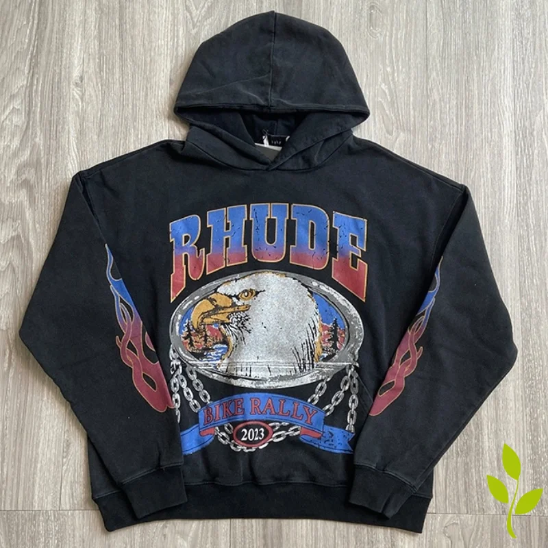 

Rhude Hoodies Eagle Flame Print Made Old Washed Pullovers Men's and Women's New Top Quality Crew-neck Washed Black Sweatshirts