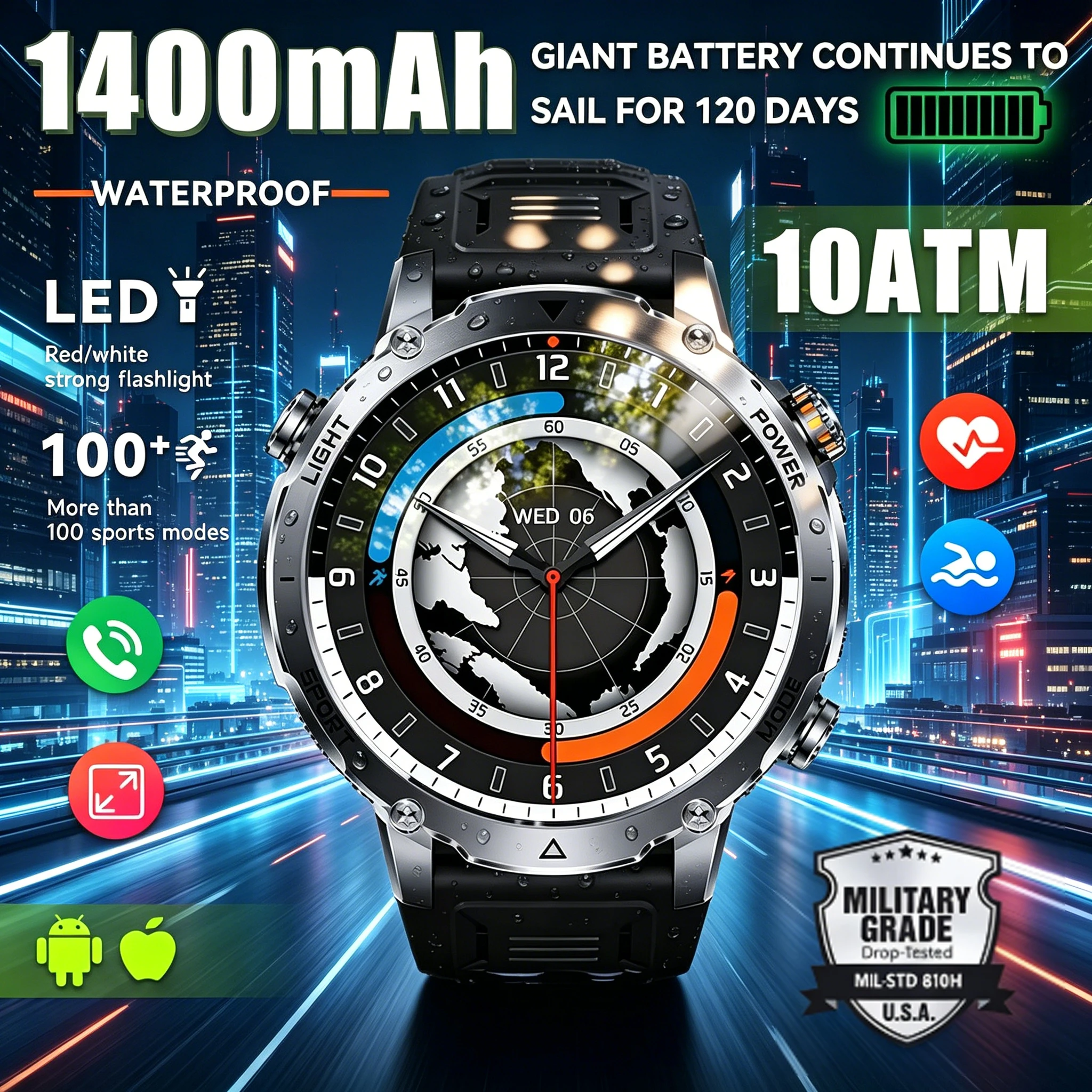 2026 New Military SmartWatch Amazfit 1400mAh Battery Fitness Sport GPS Track Bluetooth Call outdoor tactics flashlight Smartwatc 1