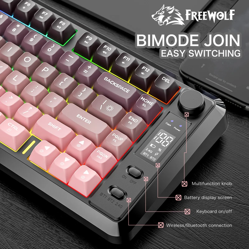 FREEWOLF M75 무선 블루투스 키보드 82키 듀얼 모드 2.4G BT PBT 키캡 스마트 디스플레이 2000mAh 게이밍 키보드 Win Mac