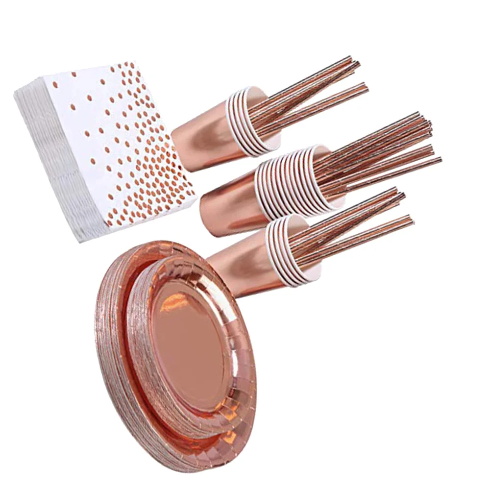 50pcs Disposable Tableware Kit Paper Plates Cup Set Fashion Dinnerware Party Napkin Straw Birthday Party Supplies (Rosy )