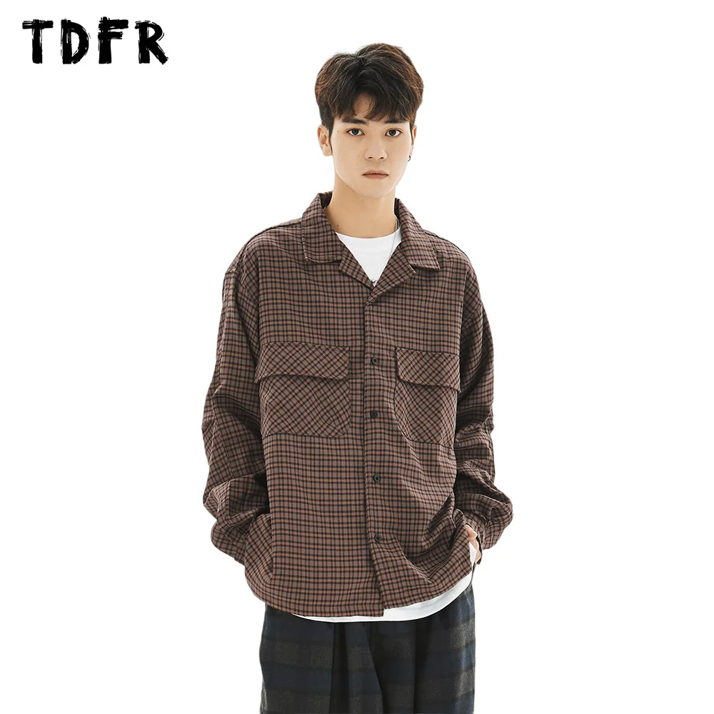 

Pocket Plaid Long Sleeve Shirt Mens Autumn Single Breasted Retro Casual Loose Single Lapel Shirts Men