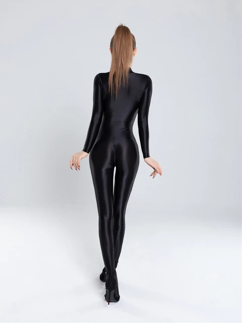 Women Wet Look Spandex Long Sleeve One Piece Jumpsuit Solid Shiny Zipper  Rompers