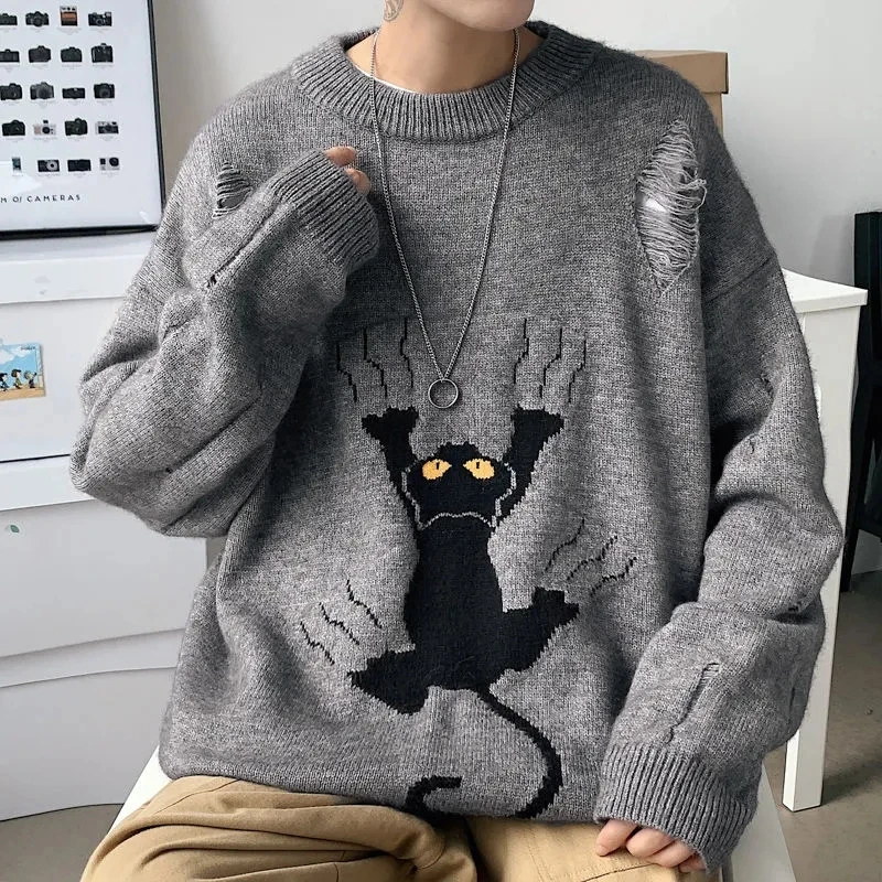 2024 Spring And Autumn Leaky Hole Sweater Korean Edition Men's Travel Handsome Abstract Pattern Loose Long Sleeved Knitted Shirt