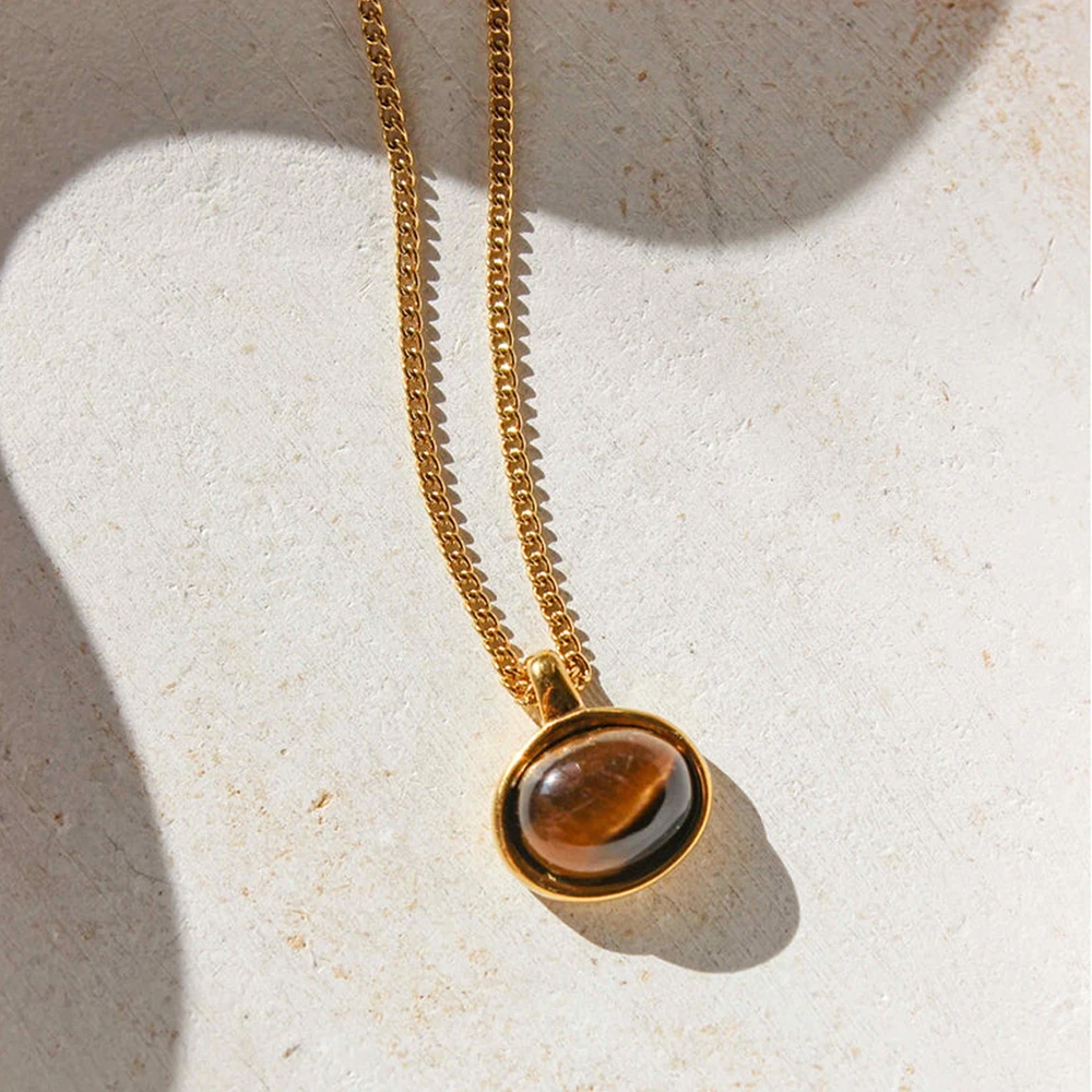 New 18K Gold Plated Chic Tiger Eye Stone Glass Necklace Anti Allergic Metal Aesthetic Crystal Goth Jewlery Party Gifts Wholesale