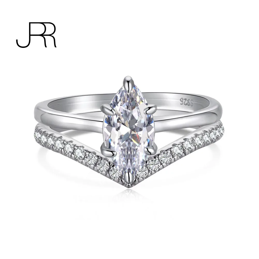 JRR S925 Silver Marquise Halo AAAAA Gemstone Stacking Ring Set For Women Fine Jewelry Wedding Engagement Gifts