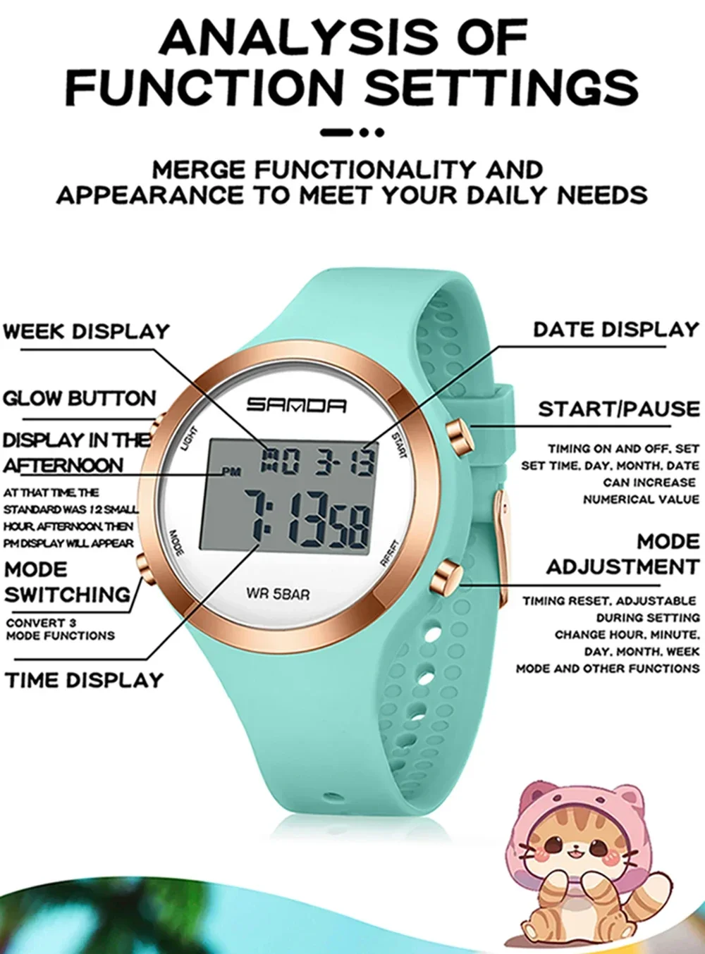 SANDA 2147 Montre numérique élégante et étanche pour femmes, chronographe LED, montre-bracelet de sport pour femmes, cadeau pour garçons et filles_voghion.com