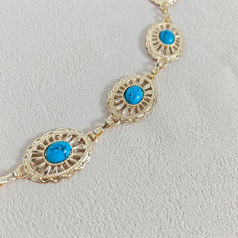 Silver Bohemian Metal Waist Chain Belt with Blue Gemstone Ellipse