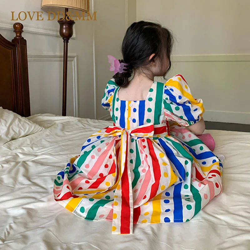 LOVE DD&MM Girls Dresses Print Kids Party Stitching Rainbow Stripe Dot  Short Sleeves Clothes Children Clothing Baby Costume