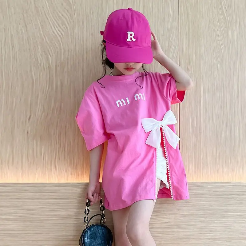 

2022 Kids Clothes for 4-12 Years Korean summer Girls medium long T- shirt Slit Bowknot letters Short-Sleeved Top loose Children
