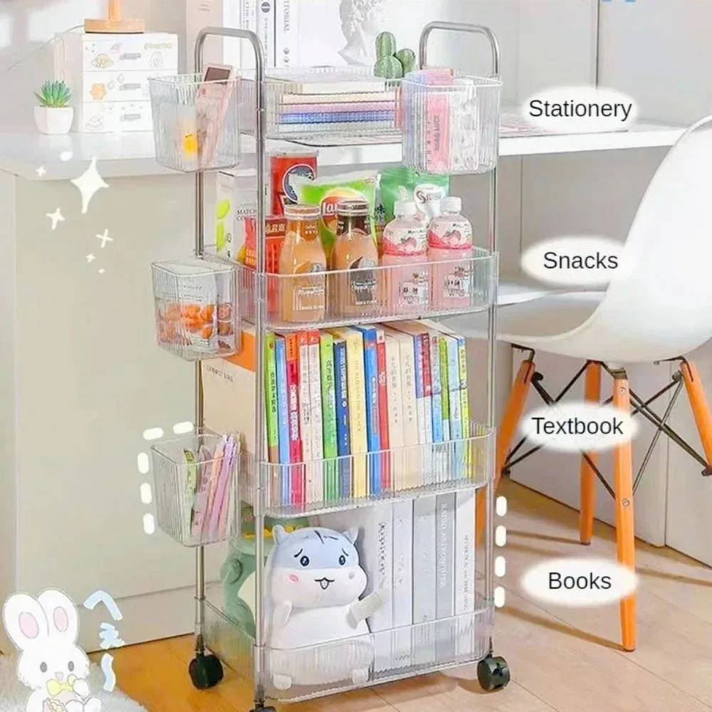 Transparent Storage Rack Trolley Acrylic Rolling Cart Hanging Basket Bathroom Makeup Bookshelf