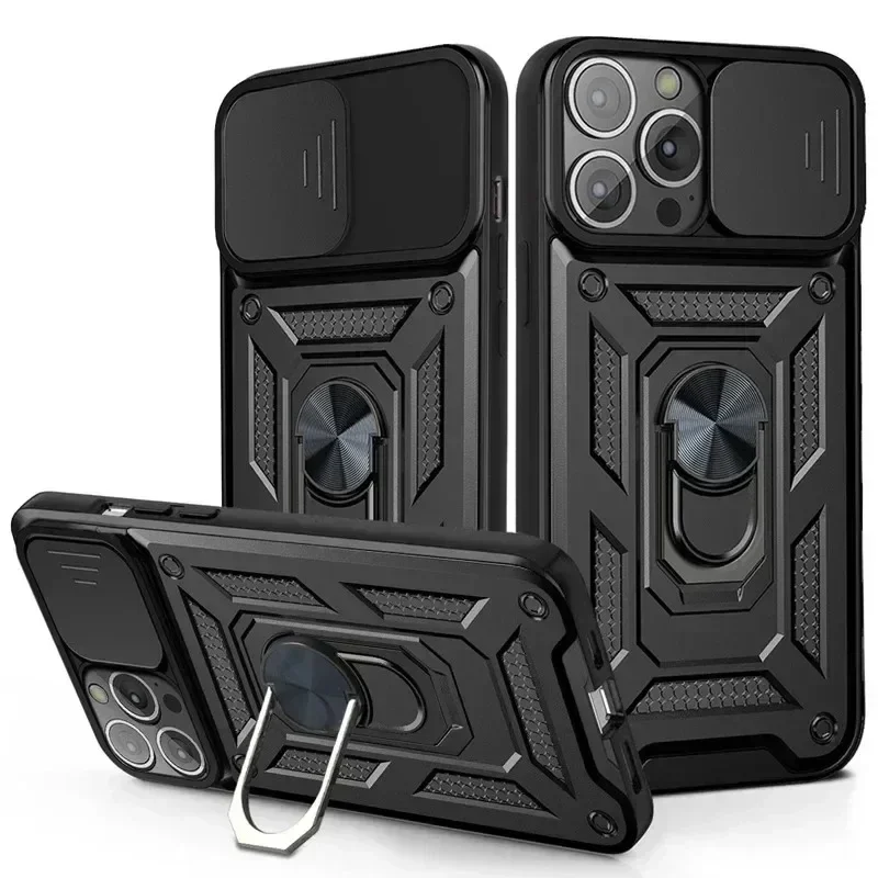Luxury Slide Camera Lens Protection Armor Case with Military Grade Bumpers and Metal Ring Cover