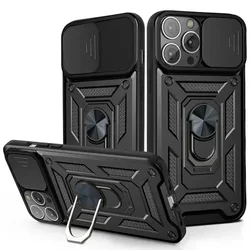 Luxury Slide Camera Lens Protection Armor Case with Military Grade Bumpers and Metal Ring Cover for iPhone 14 Pro Max (Black)