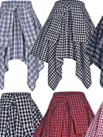 Elastic Waist Plaid Asymmetrical  Skirt Women's High Waist  Knot Sports Street Dance Sle ort Skirts - Image 3