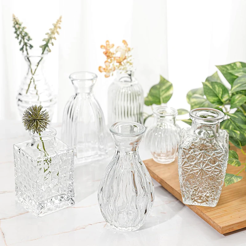 Set Di 6 Vasi In Vetro Piccoli Per Fiori - Bottiglie Decorative Rustiche Per Centrotavola, Matrimoni, Casa E Ufficio (Altezza 8,9 Cm)