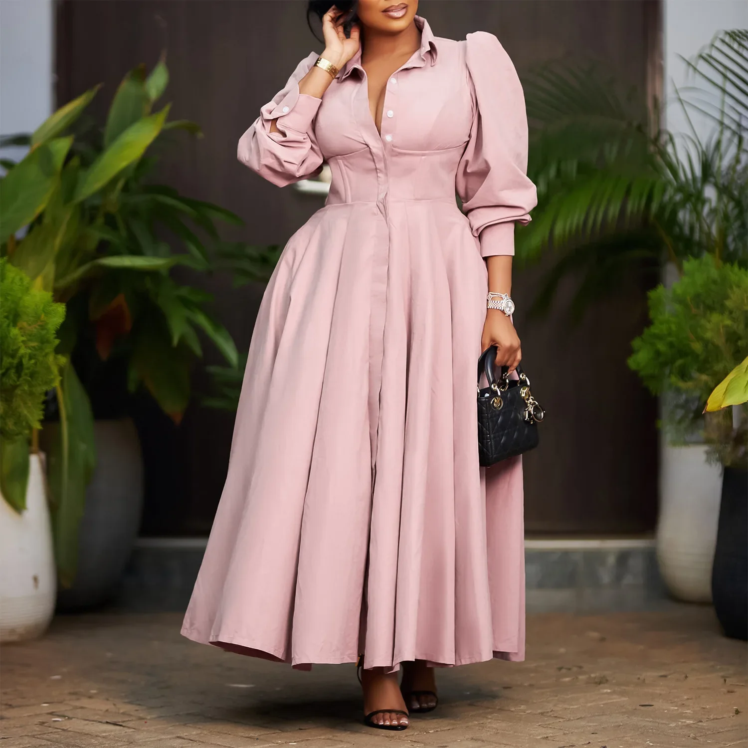 فستان ماكسي أنيق بأكمام طويلة مطبوع أفريقي للنساء،...