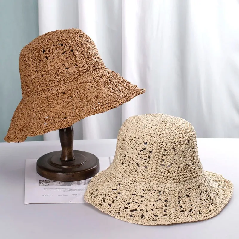 

2023 Womens Straw Hats Crochet Bucket UV Protection Sun Visor Beach Women Visors Foldable Female Summer Sun Hat