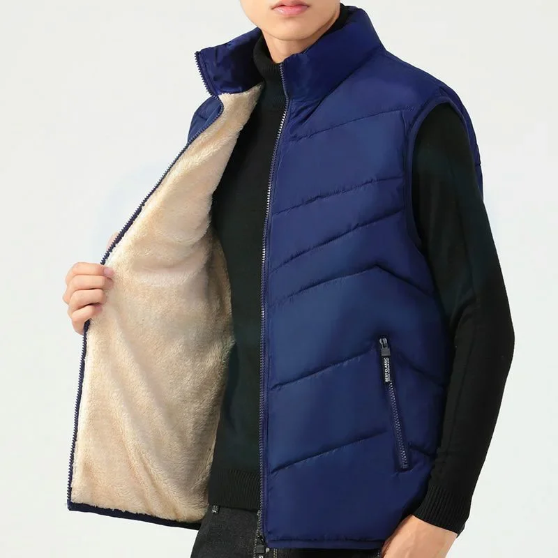 New Fashion Men\'s Solid Color Down Cotton Vest Winter Lamb Fleece Thick Warm Jacket Coats Male Clothes