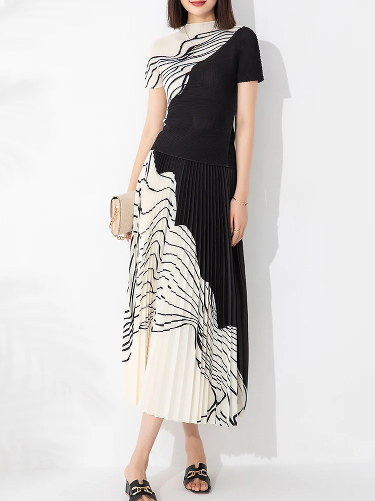 Miyake Pleated Zebra Striped Printed Two Piece Set 2023 Autumn New Fashion High Neck Corn Tops High Waist Hanging Pleated Skirts