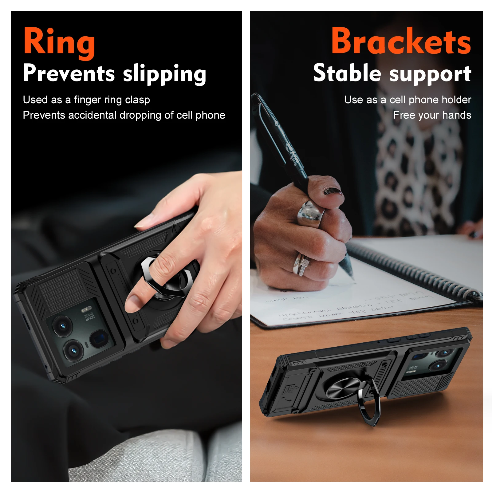 Shockproof Heavy Armor Phone Case with Metal Ring Holder and Hidden Card Slot
