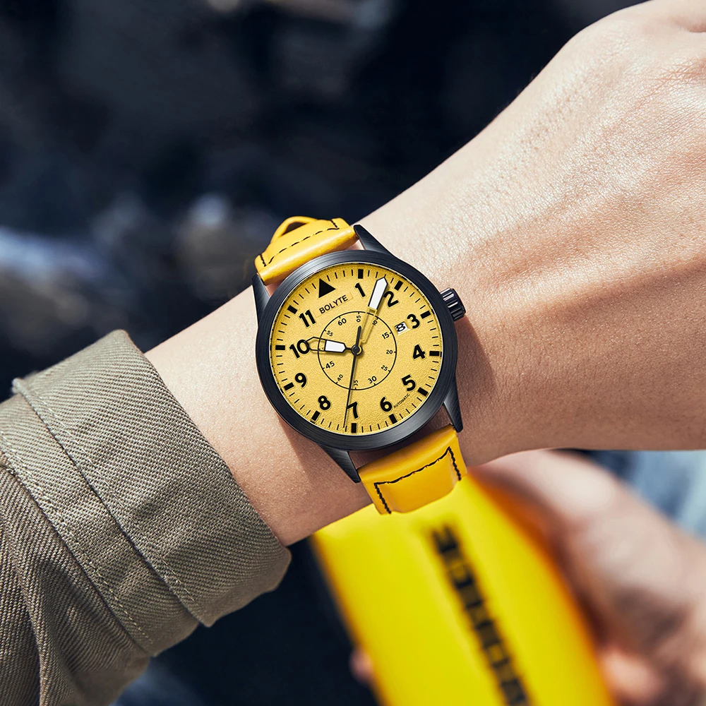 BOLYTE New Fashion Yellow Dial Black Case Date Display Leather Strap Men's Mechanical Watch Business Male Automatic Wristwatches