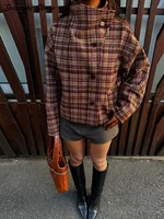 Fashion Plaid Coats Women's Stand Collar Single Breasted Long Sleeve Vintage Jacket 2026 Spring New Lady Casual Loose Overcoat 4