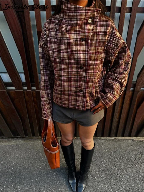 Fashion Plaid Coats Women's Stand Collar Single Breasted Long Sleeve Vintage Jacket 2026 Spring New Lady Casual Loose Overcoat 4