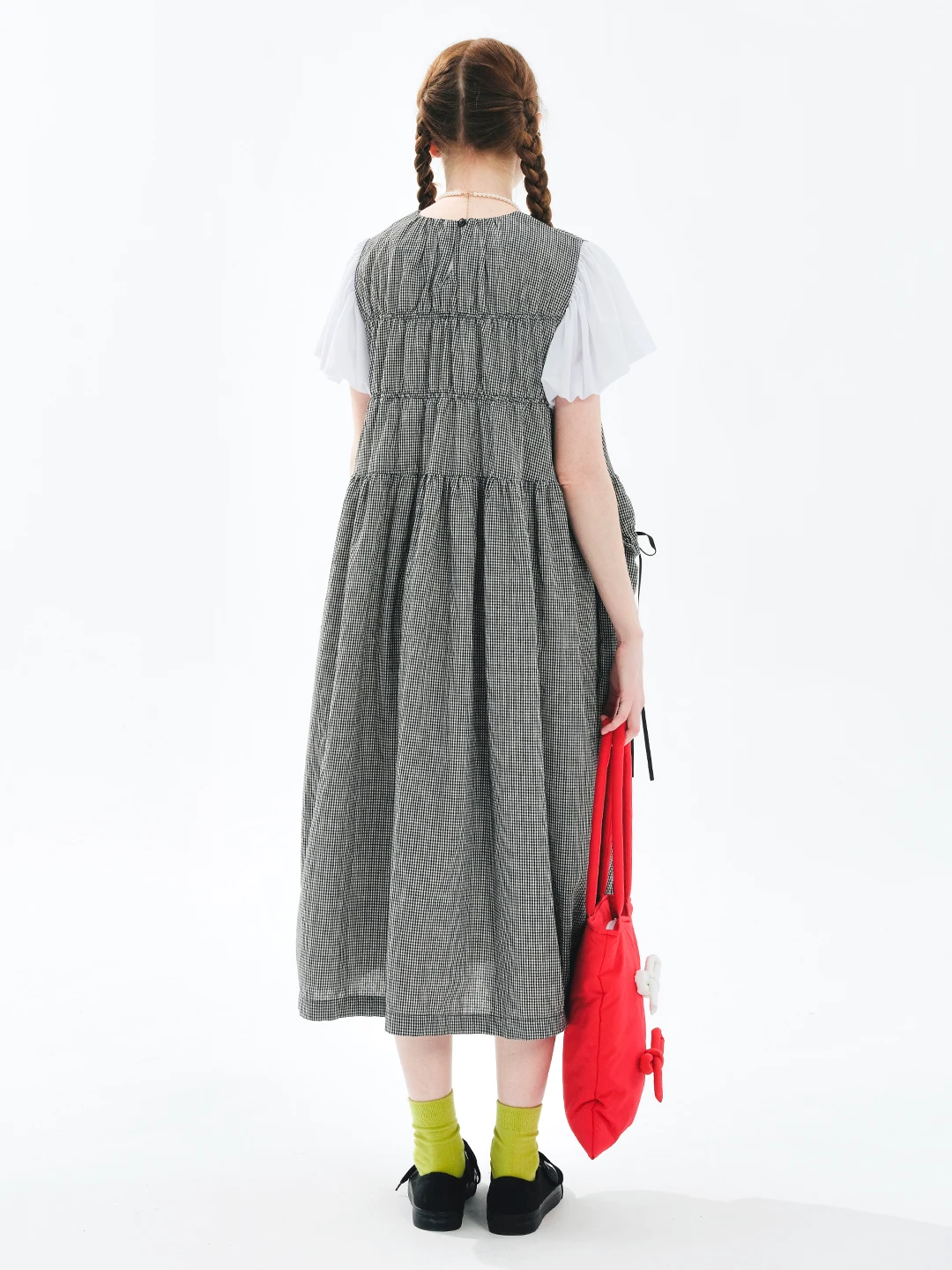 IMAKOKONI original design short sleeved plaid patchwork round neck pullover strap bow dress for women 244654 4