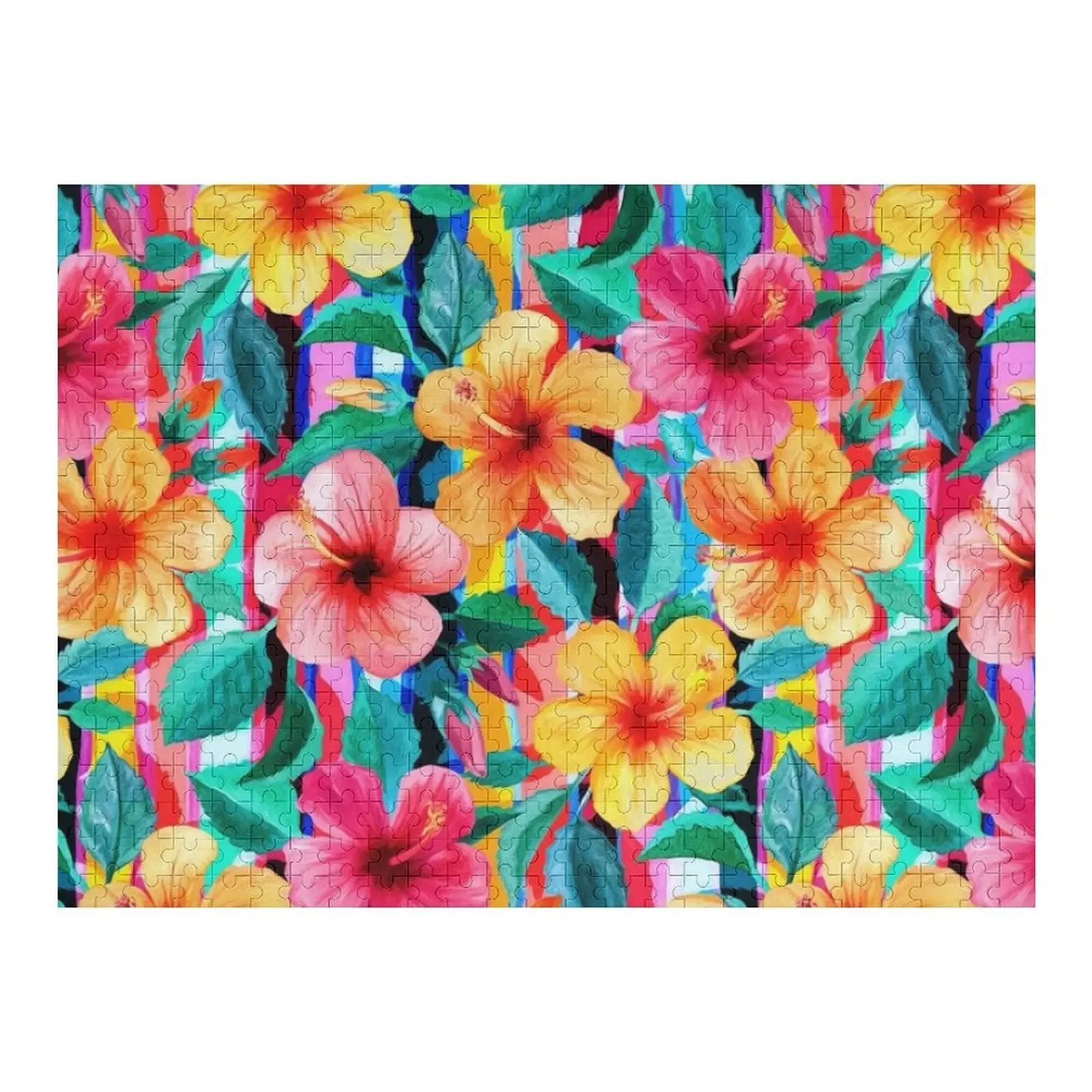 OTT Maximalist Hawaiian Hibiscus Floral with Stripes Jigsaw Puzzle Custom Wood Personalized Kids Gifts Personalised Name Puzzle