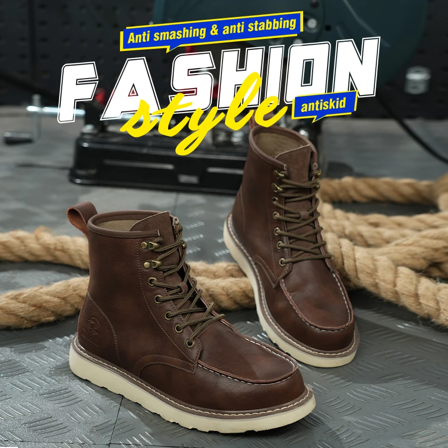 Two layer cowhide high top anti-smash anti-puncture breathable fashion labour insurance shoes safety shoes