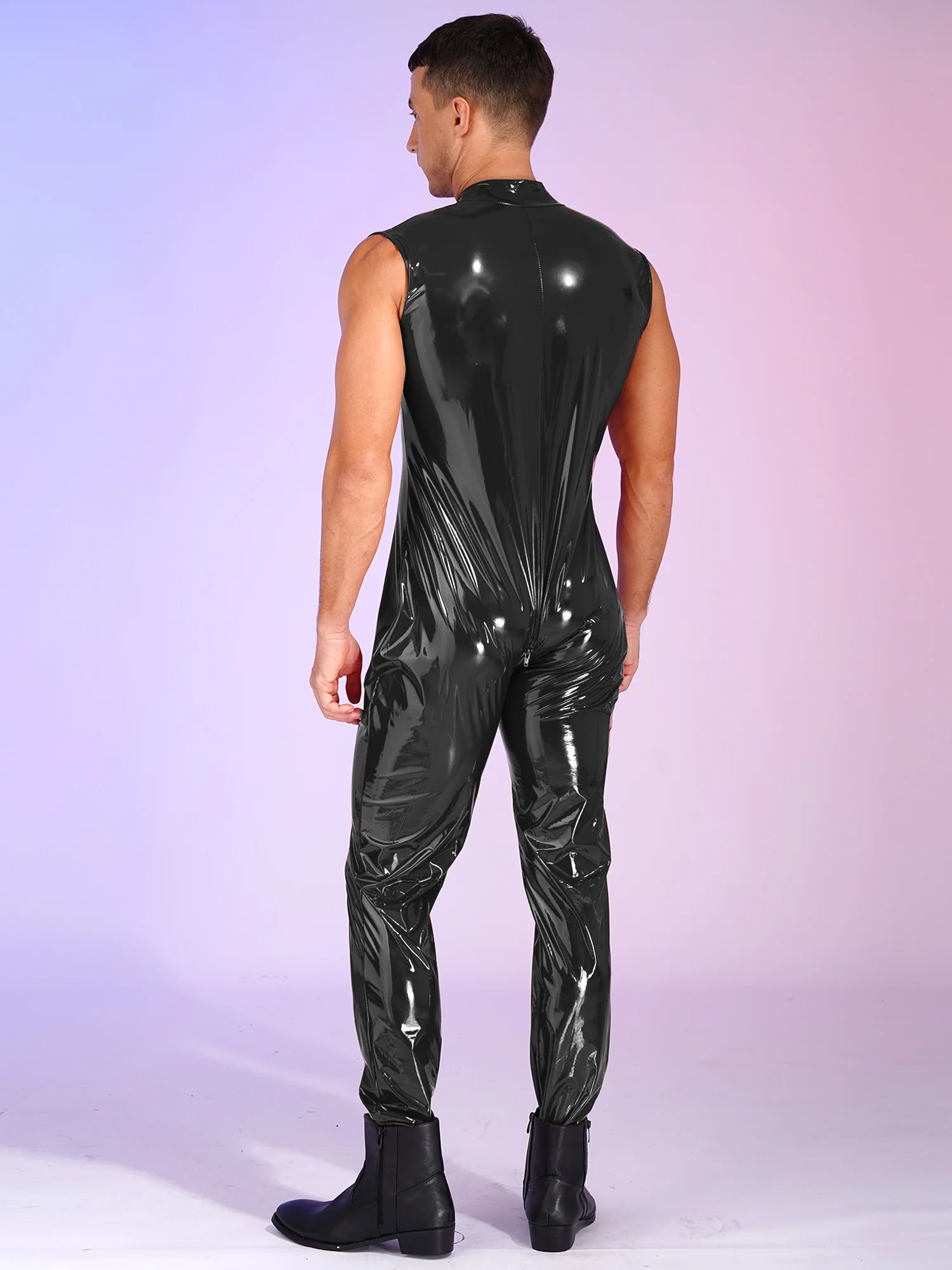 Mens Nightclub Performance Pole Dance Costume Zipper Crotch Catsuit PVC Leather Full Body Skinny Leotard Bodysuit Jumpsuit 5XL