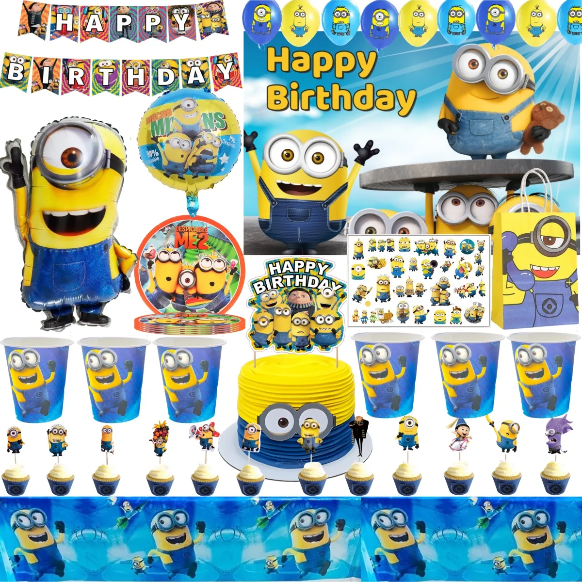 Big Eye Yellow Man Birthday Party Supplies - Disposable Tableware Tablecloth Plates Cups Balloons