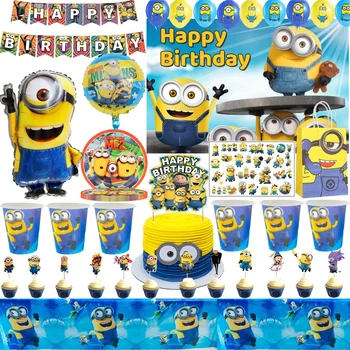 큰 눈 노란색 남자 생일 장식 일회용 식기, 식탁보 접시 컵 풍선 베이비 샤워, 소년 소녀 파티 용품