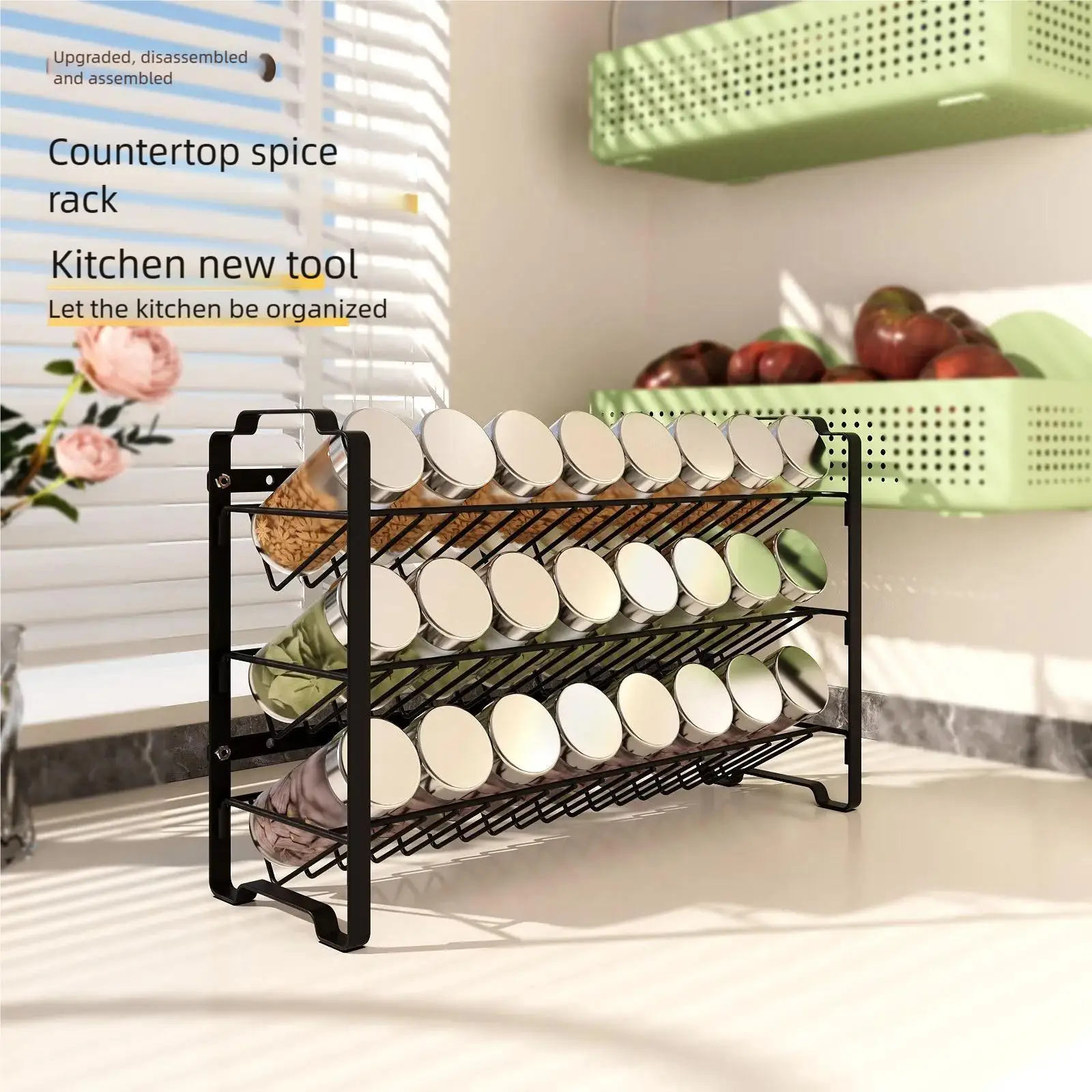 Kitchen Tabletop Basket Three Tier Spice Rack Cabinet Storage