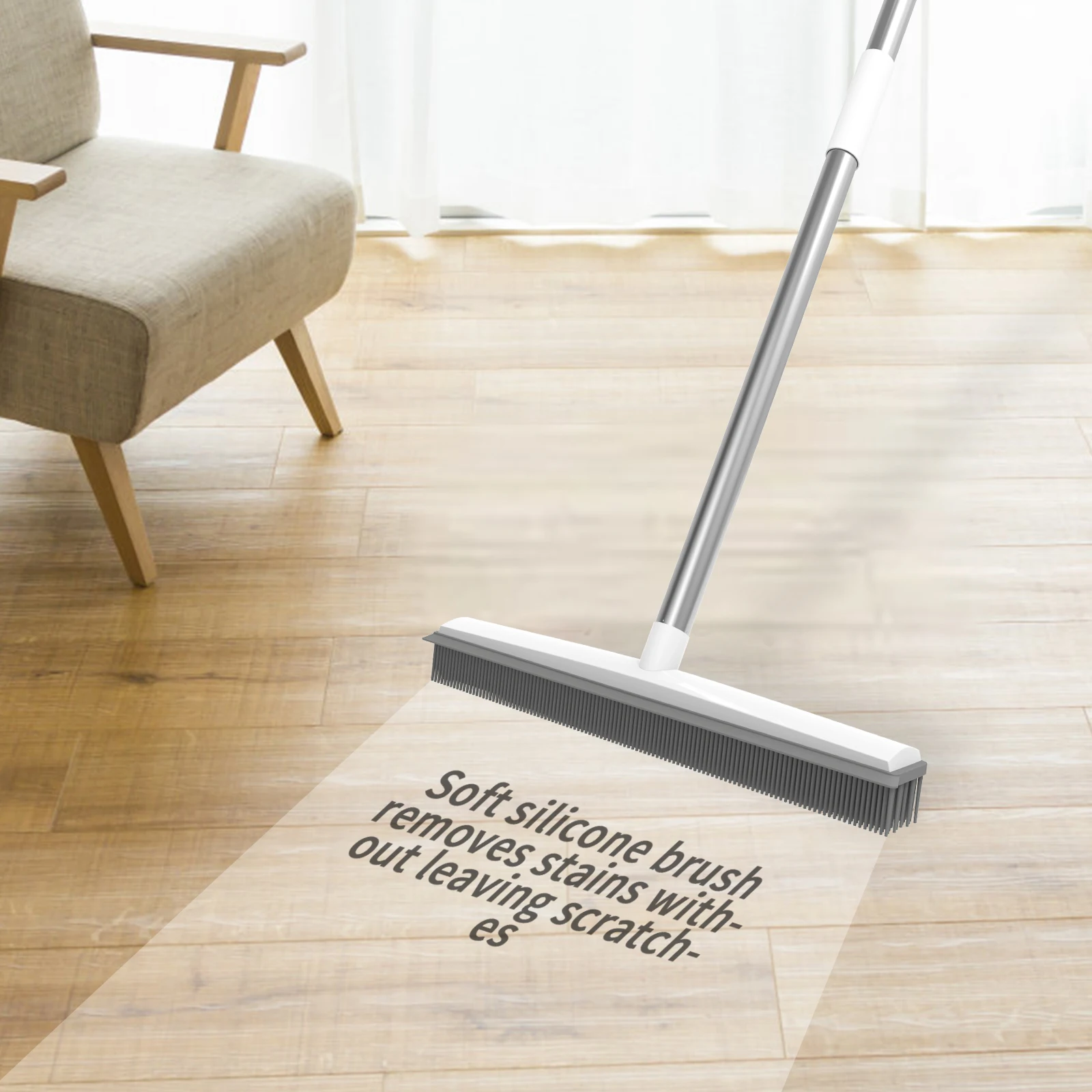 2-in-1 Rubber Broom & Scraper Brush, Silicone Pet Hair Remover for Carpet/Hardwood Floors, Long Handle Sweeper for Tile/Windows